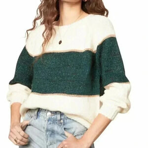 BB Dakota Aesthetic Dept. Ivory Metallic Green Colorblock Stripe Sweater Small